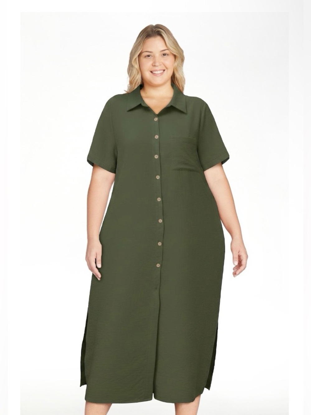 NWT Olive Green Button Front Midi Maxi Shirt Dress XXL Plus Size Pockets